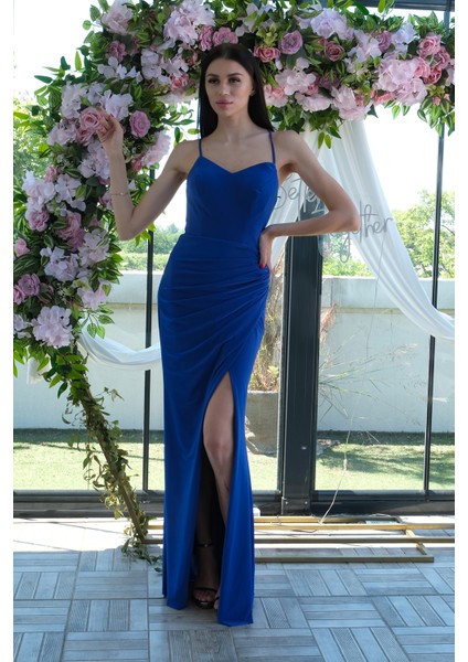 Saks Askılı Yırtmaç Detaylı Drapeli Abiye 9705289.26 indirimleri