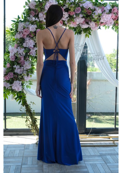 Saks Askılı Yırtmaç Detaylı Drapeli Abiye 9705289.26