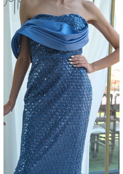 Indigo Drape Yaka Detaylı Payet Işlemeli Uzun Kuşaklı Abiye 9705470.98