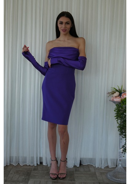 Mor Drapeli Düğme Detaylı Mini Boy Abiye 9705537.03