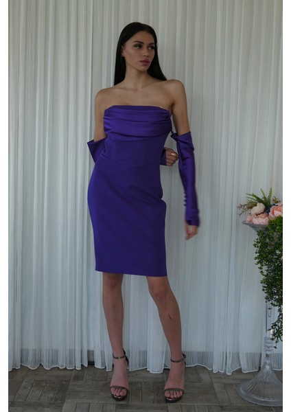 Mor Drapeli Düğme Detaylı Mini Boy Abiye 9705537.03 fırsatları