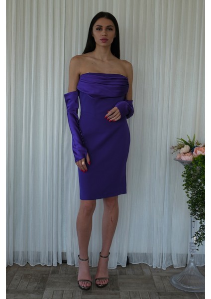 Mor Drapeli Düğme Detaylı Mini Boy Abiye 9705537.03 indirimleri