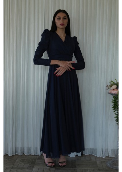 Lacivert V Yaka Parıltılı Uzun Kollu Abiye 6502514.02