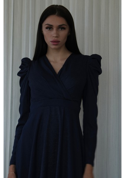 Lacivert V Yaka Parıltılı Uzun Kollu Abiye 6502514.02