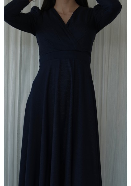 Lacivert V Yaka Parıltılı Uzun Kollu Abiye 6502514.02