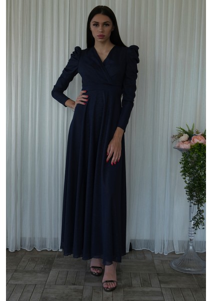 Lacivert V Yaka Parıltılı Uzun Kollu Abiye 6502514.02
