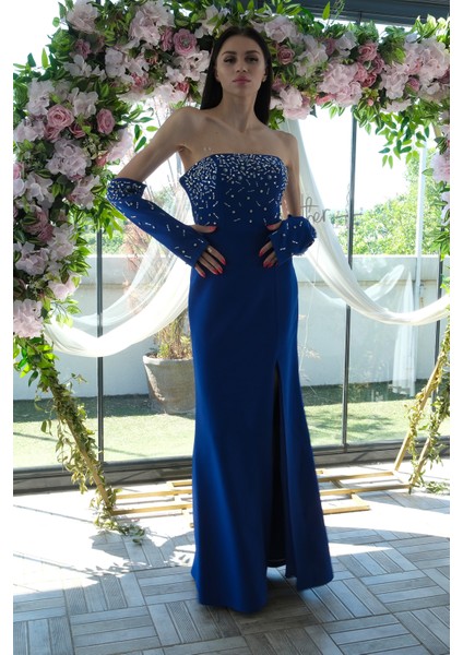 Saks Double Krep Straplez Kol ve Üst Taş Detaylı Abiye 1302305.26 modelleri