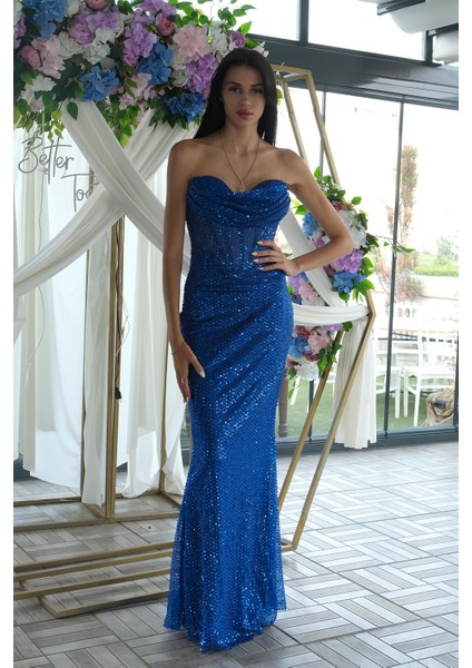 Saks Pul Taş Işlemeli Straplez Balık Abiye 9705304.26