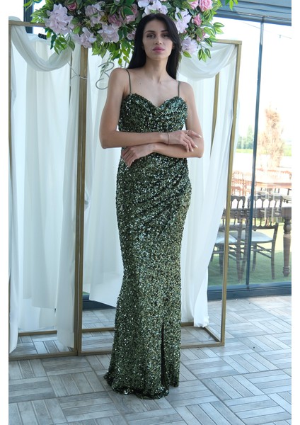 Haki Drapeli Parlak Pul Payetli Askılı Abiye 9705539.23