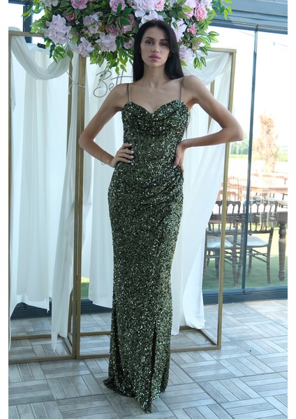 Haki Drapeli Parlak Pul Payetli Askılı Abiye 9705539.23 modelleri