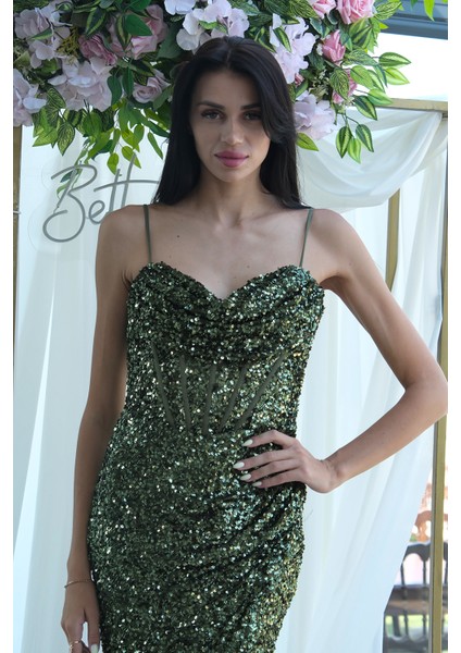 Haki Drapeli Parlak Pul Payetli Askılı Abiye 9705539.23