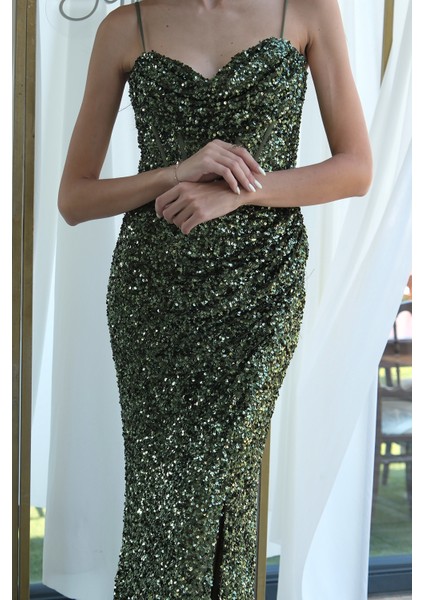 Haki Drapeli Parlak Pul Payetli Askılı Abiye 9705539.23