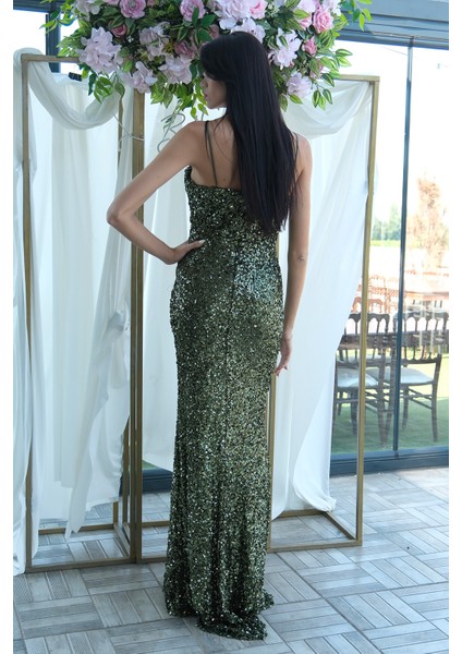 Haki Drapeli Parlak Pul Payetli Askılı Abiye 9705539.23