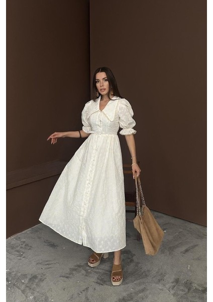 Bej Bebe Yaka Balon Kollu Brode Elbise