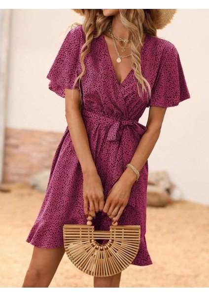 Kadın Kısa Kelebek Kollu Kruvaze Yakalı Belden Kuşaklı Kısa Desenli Süprem Elbise fiyatları