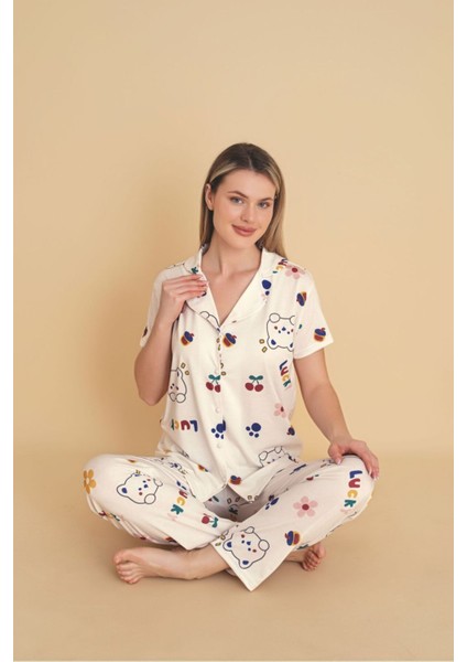 Kadın Önden Düğmeli Pijama Takımı Kedi Baskılı