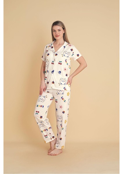 Kadın Önden Düğmeli Pijama Takımı Kedi Baskılı fiyatları