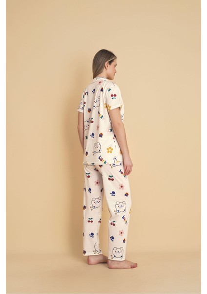 Kadın Önden Düğmeli Pijama Takımı Kedi Baskılı modelleri