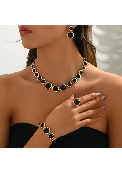 4 Adet Retro Moda Geometrik Daireli Kolye Bilezik Küpe Yüzük Seti, Siyah Akrilik Küre Parçaları