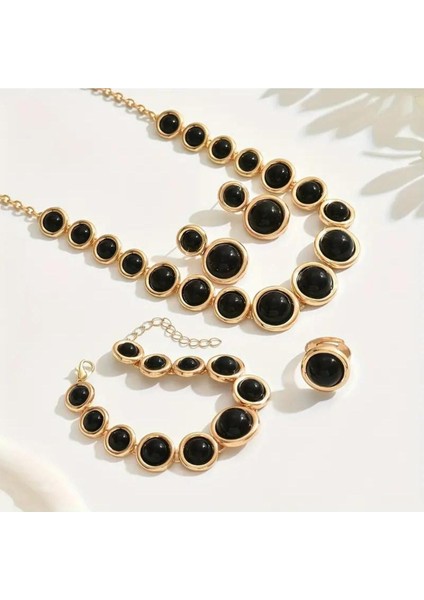 4 Adet Retro Moda Geometrik Daireli Kolye Bilezik Küpe Yüzük Seti, Siyah Akrilik Küre Parçaları fiyatları