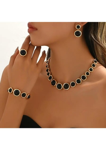 4 Adet Retro Moda Geometrik Daireli Kolye Bilezik Küpe Yüzük Seti, Siyah Akrilik Küre Parçaları modelleri