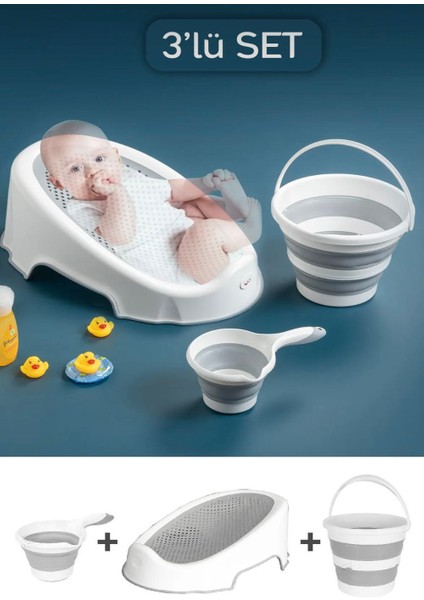 3’lü Bebek Banyo Seti – Küvet, Katlanabilir Kova ve Maşrapa | Kaymaz ve Ergonomik Tasarım