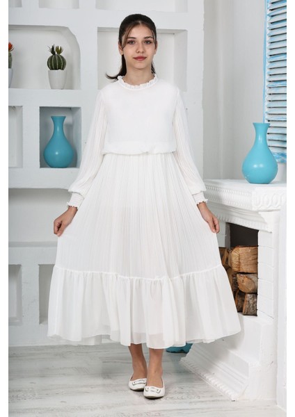 Kız Çocuk Uzun Boydan Pliseli Pamuklu Şifon Uzun Testtür ELBISE-ELB-0045