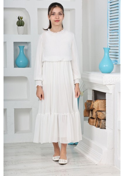 Kız Çocuk Uzun Boydan Pliseli Pamuklu Şifon Uzun Testtür ELBISE-ELB-0045 fiyatları