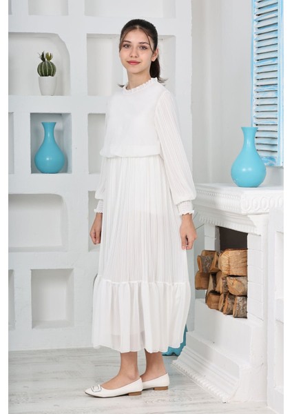 Kız Çocuk Uzun Boydan Pliseli Pamuklu Şifon Uzun Testtür ELBISE-ELB-0045 fırsatları