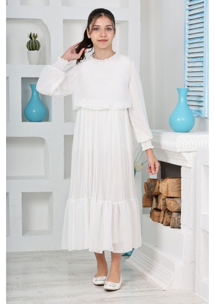 Kız Çocuk Uzun Boydan Pliseli Pamuklu Şifon Uzun Testtür ELBISE-ELB-0045 indirimleri