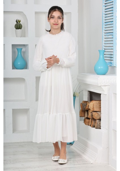 Kız Çocuk Uzun Boydan Pliseli Pamuklu Şifon Uzun Testtür ELBISE-ELB-0045