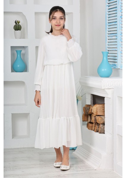 Kız Çocuk Uzun Boydan Pliseli Pamuklu Şifon Uzun Testtür ELBISE-ELB-0045