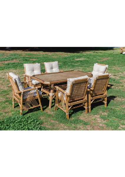 Manolya 6 Kişilik Bambu Masa Takımı Balkon Takımı Bahçe Mobilyası