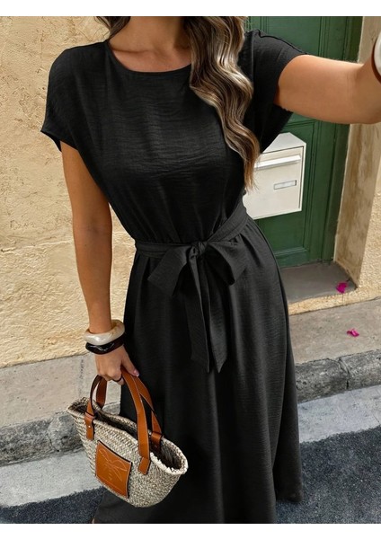 Kadın Kısa Kollu Kayık Yaka Beli Kuşaklı Aerobin Elbise fiyatları