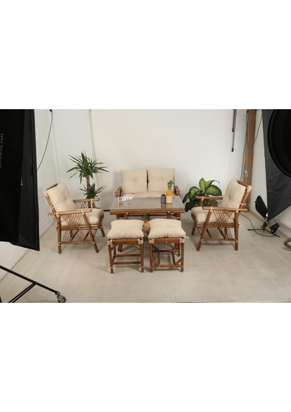 6 Kişilik Bambu Oturma Grubu Bahçe Mobilyası Balkon Takımı