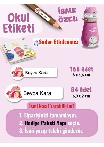 Okul Etiketi SUDAN ETKİLENMEZ,, Kalem, Defter, Etiketi Çilek Kız Temalı Özel Isim Yazılabilen Etiket - 252ADET