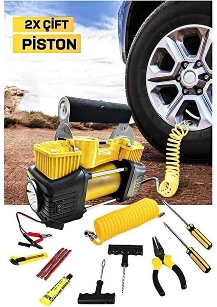 İyisi Yok Çift Pistonlu Set 12V 150 Psi Dakikada 85 Lt Araç Araba Bot Kompresörü Lastik Araba Şişirme Pompa