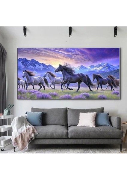 Dağ Manzarasında Lavantalar Içinde Dolaşan Atlar Kanvas Tablo Ev Duvar Salon Ofis Dükkan Hediyelik Dekarasyon Süsü