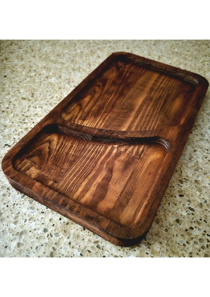 Iki Bölmeli Ahşap Sunum Tahtası - 23 x 13 cm - Koyu Kahverengi