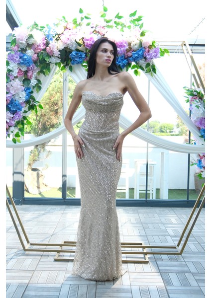 Bej Pul Taş Işlemeli Straplez Balık Abiye 9705304.55 fiyatları