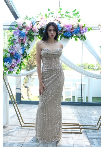 Bej Pul Taş Işlemeli Straplez Balık Abiye 9705304.55 indirimleri