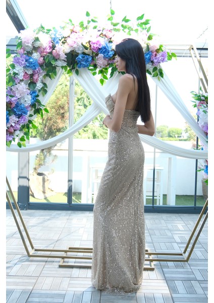 Bej Pul Taş Işlemeli Straplez Balık Abiye 9705304.55