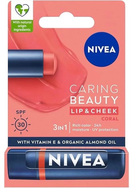 Caring Beauty Mercan Renkli Nemlendirici Dudak Bakım Kremi 4.8gr, SPF30, Allık Etkisi,