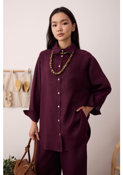 Reglan Kol Basic Keten Gömlek Bordo