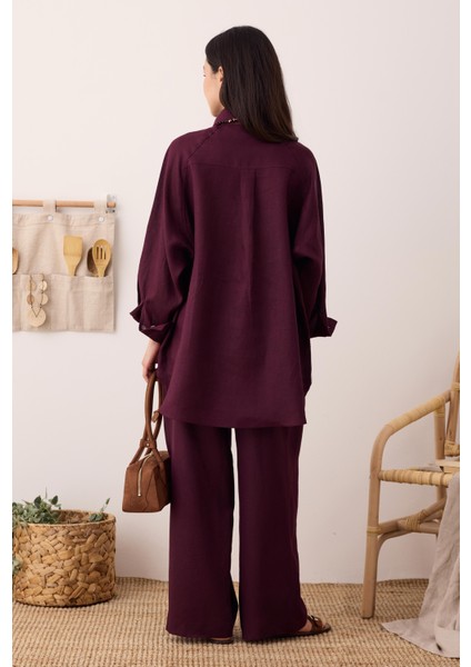 Reglan Kol Basic Keten Gömlek Bordo modelleri