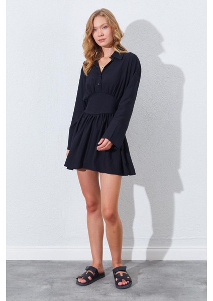 Kadın Siyah Beli Oturtmalı Gömlek Yaka Elbise fiyatları