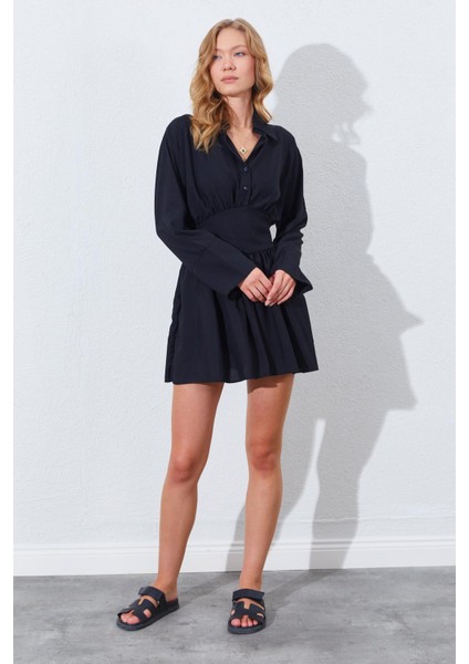 Kadın Siyah Beli Oturtmalı Gömlek Yaka Elbise modelleri