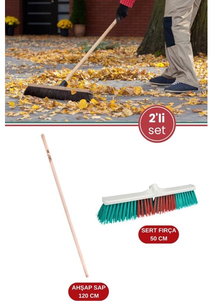 Dış Mekan Fırça ve Sap Temizlik Set, Bahçe Yaprak Moloz Süpürme Fırçası 50CM + Vidalı Ağaç Sap 120CM