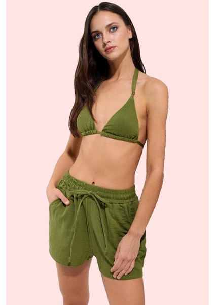 Kadın Kısa Boy Müslin Şort Geniş Paça Normal Bel Pamuk Plaj ve Günlük Kullanım Özel Günler