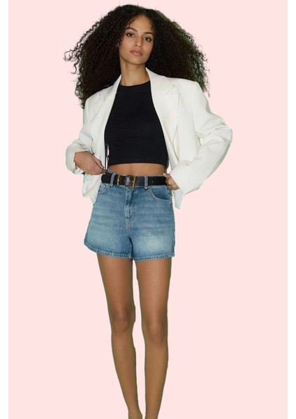 Kadın Pamuklu Denim Şort City Kalıp Kısa Boy Yüksek Bel Geniş Paça Rahat Dayanıklı Malzeme